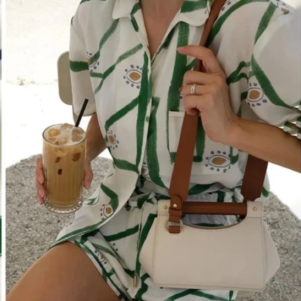 NWT SET Anthropologie Sancia Ayla Linen 2 Piece Short Set in olive green & white - Picture 2 of 15